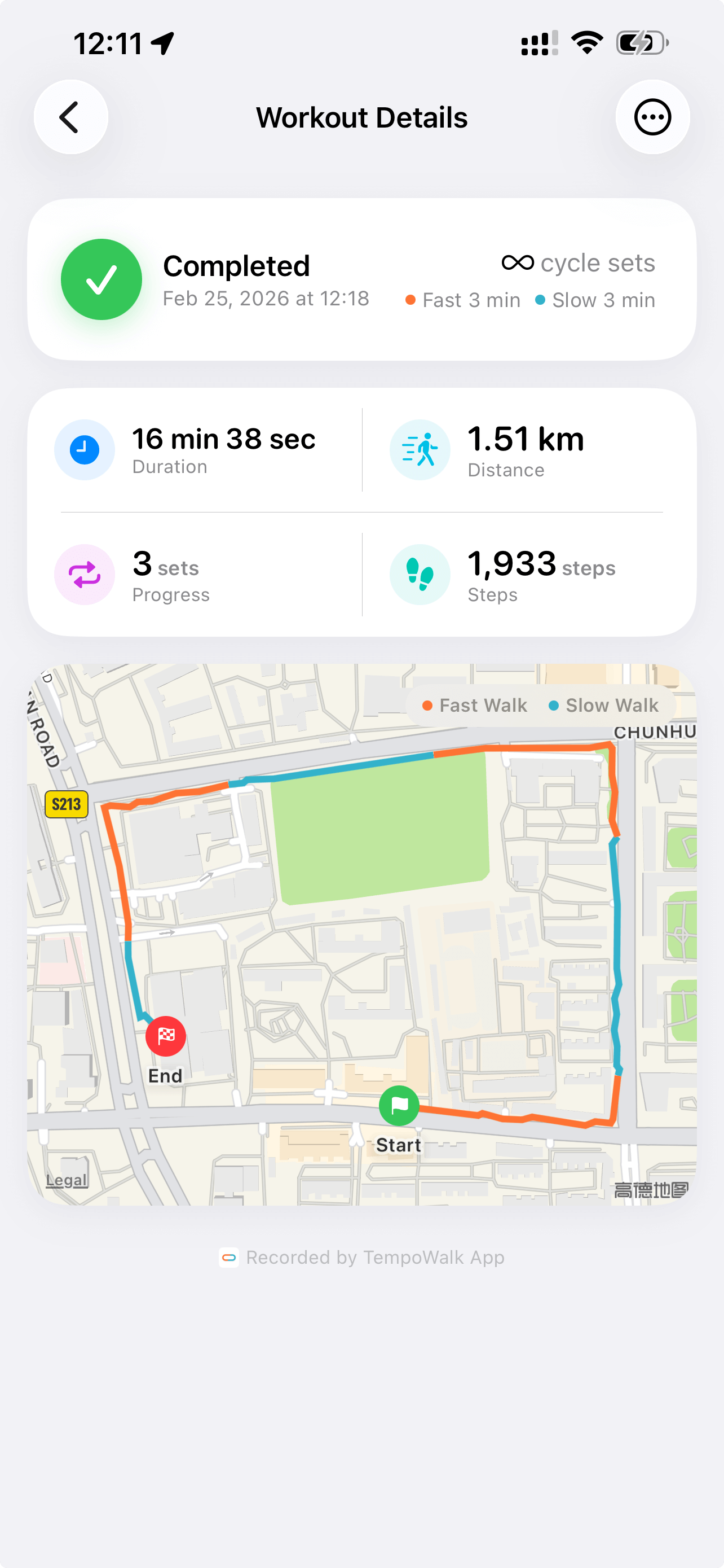 TempoWalk workout detail with route map and training history