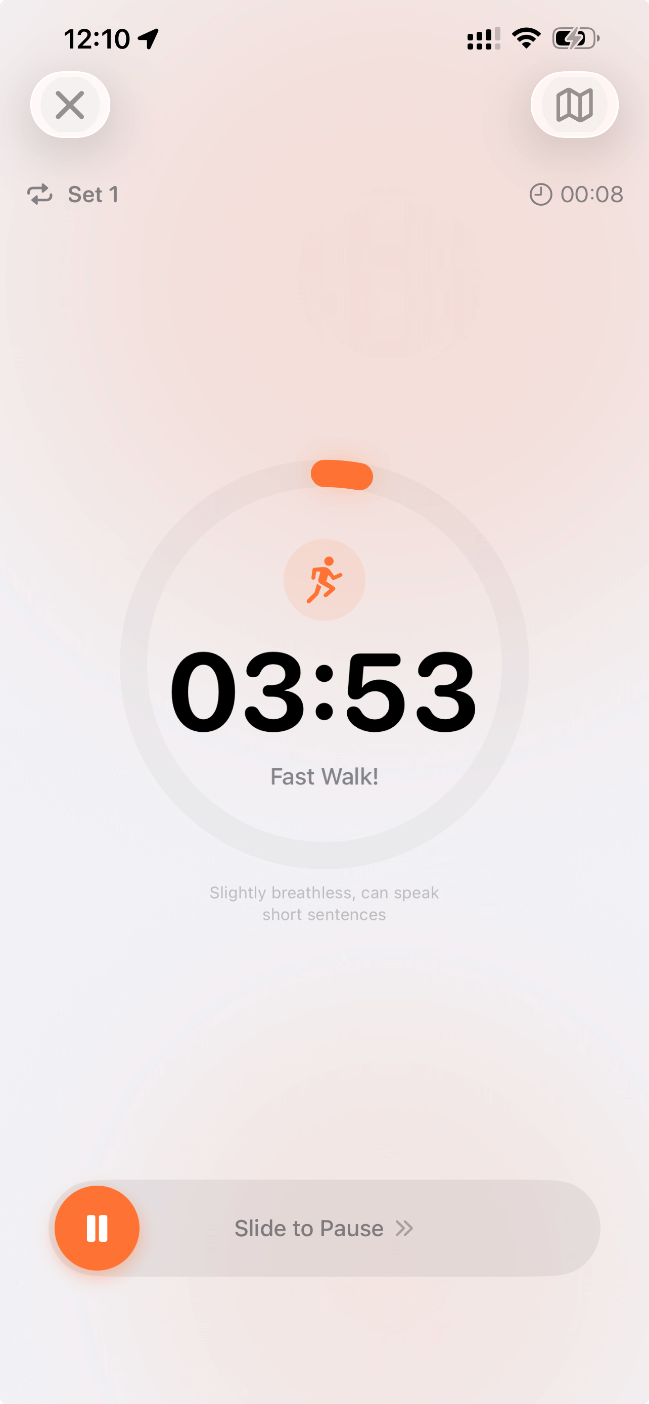 TempoWalk training session with real-time timer and pace display